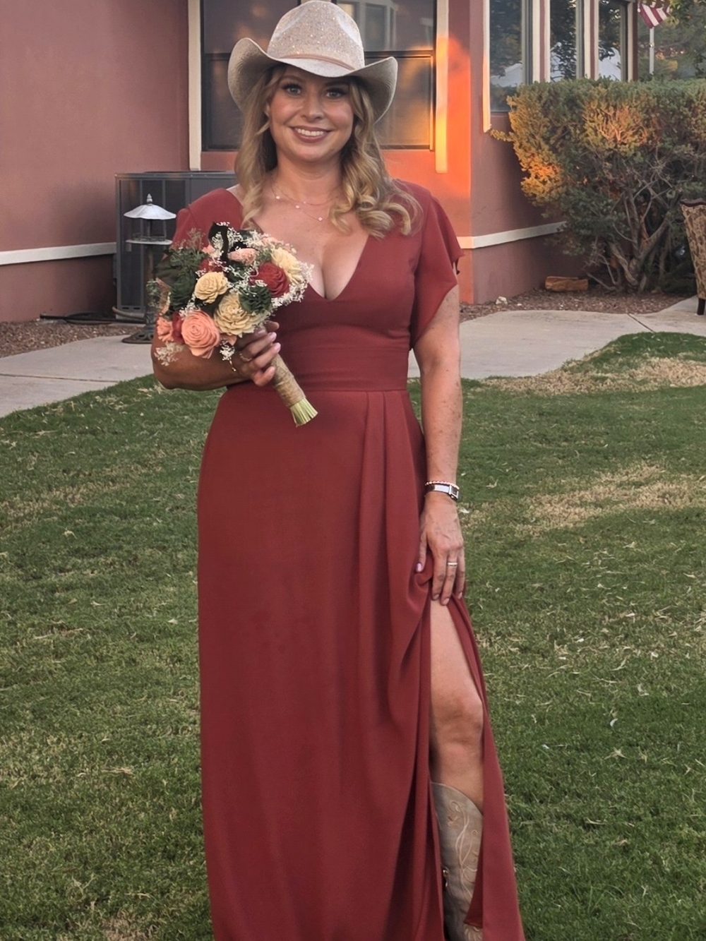 Women’s Brick Red V-Neck Maxi Dress with Side Slit